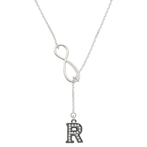 Delight Jewelry Black Nickeltone Crystal Initial - R - Beaded Border - Silver tone Elegant Infinity Lariat Necklace