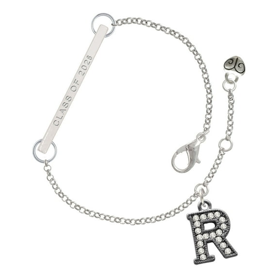 Delight Jewelry Black Nickeltone Crystal Initial - R - Beaded Border - Silvertone Class of 2026 Delicate Bar Bracelet, 8.5"
