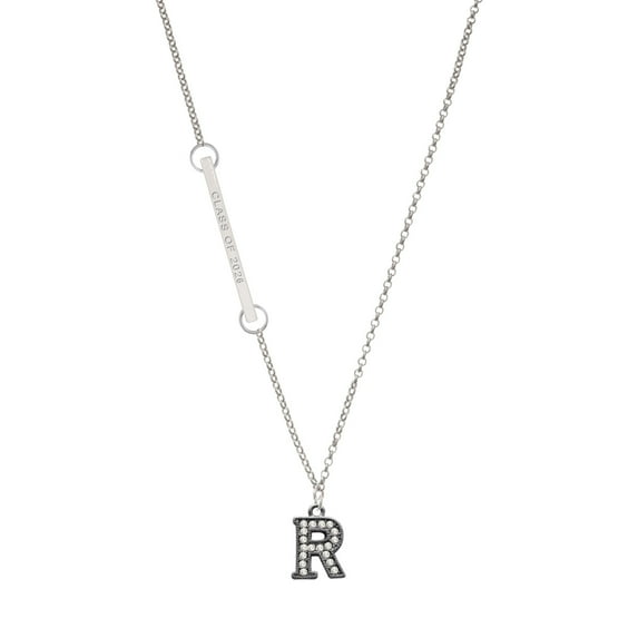 Delight Jewelry Black Nickeltone Crystal Initial - R - Beaded Border - Silvertone Class of 2026 Delicate Bar Necklace, 18.75"