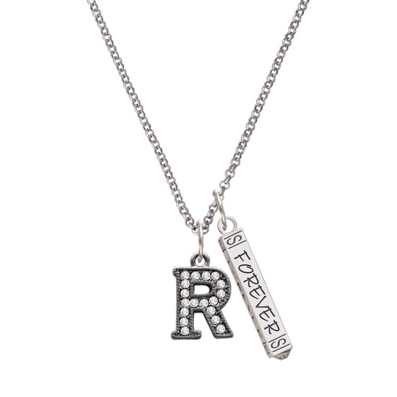 Delight Jewelry Black Nickeltone Crystal Initial - R - Beaded Border - Silvertone Forever Bar Charm Necklace, 23"