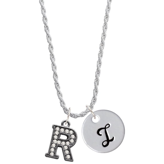 Delight Jewelry Black Nickeltone Crystal Initial - R - Beaded Border - Silvertone Script Initial Disc - I - Charm Necklace, 20"+3"