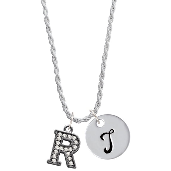 Delight Jewelry Black Nickeltone Crystal Initial - R - Beaded Border - Silvertone Script Initial Disc - T - Charm Necklace, 20"+3"