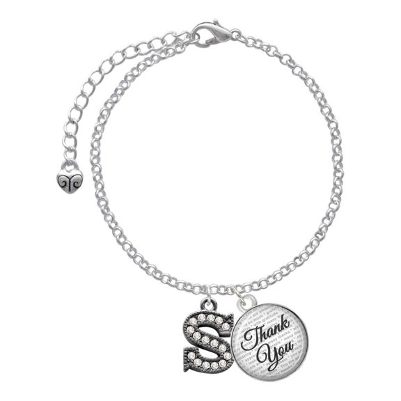 Delight Jewelry Black Nickeltone Crystal Initial - S - Beaded Border - Domed Thank You Charm Bracelet, 6"+2"