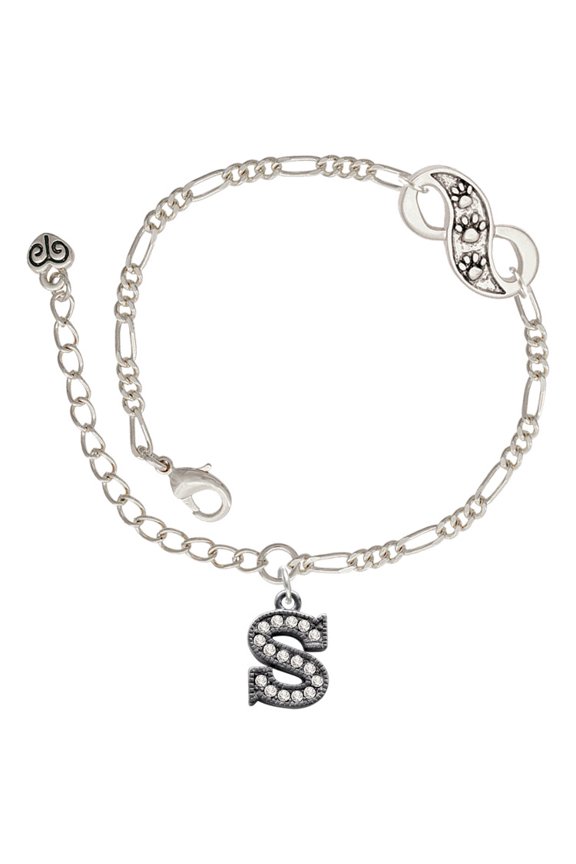 Black Nickeltone Crystal Initial - S - Beaded Border - Silver-tone Paw Infinity Link Chain Bracelet, 6"+2" Extender