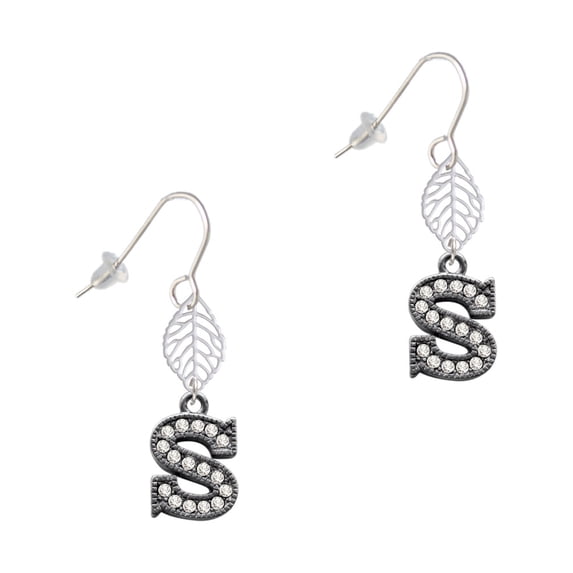 Delight Jewelry Black Nickeltone Crystal Initial - S - Beaded Border - Silvertone Leaf French Earrings