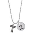 thumbnail image 1 of Delight Jewelry Black Nickeltone Crystal Initial - T - Beaded Border - Silvertone Script Initial Disc - Z - Charm Necklace, 20"+3", 1 of 4