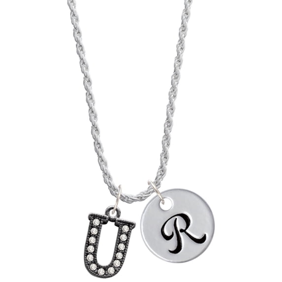 Delight Jewelry Black Nickeltone Crystal Initial - U - Beaded Border - Silvertone Script Initial Disc - R - Charm Necklace, 20"+3"
