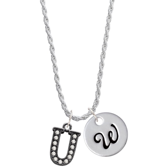 Delight Jewelry Black Nickeltone Crystal Initial - U - Beaded Border - Silvertone Script Initial Disc - W - Charm Necklace, 20"+3"