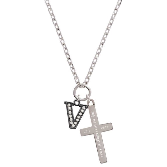 Delight Jewelry Black Nickeltone Crystal Initial - V - Beaded Border - I Have Plans for You Engraved Cross Zoey Necklace, 28"