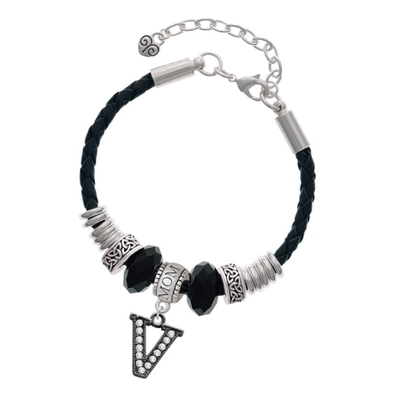 Delight Jewelry Black Nickeltone Crystal Initial - V - Beaded Border - Mom Celtic Knot Leather Bead Bracelet, 7"+2" Extender