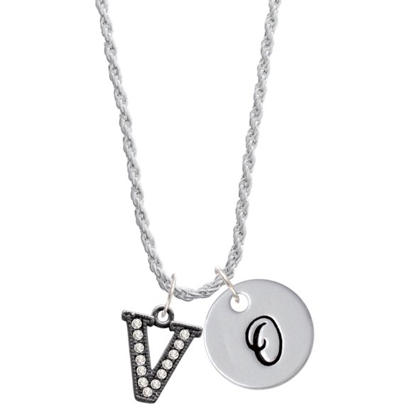 Delight Jewelry Black Nickeltone Crystal Initial - V - Beaded Border - Silvertone Script Initial Disc - O - Charm Necklace, 20"+3"