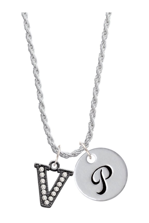 Black Nickeltone Crystal Initial - V - Beaded Border - Silvertone Script Initial Disc - P - Charm Necklace, 20"+3"