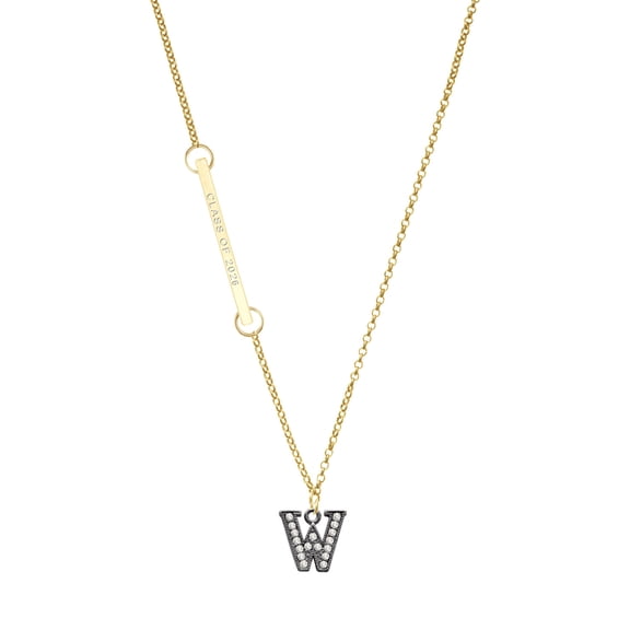 Delight Jewelry Black Nickeltone Crystal Initial - W - Beaded Border - Gold-tone Class of 2026 Delicate Bar Necklace, 18.75"