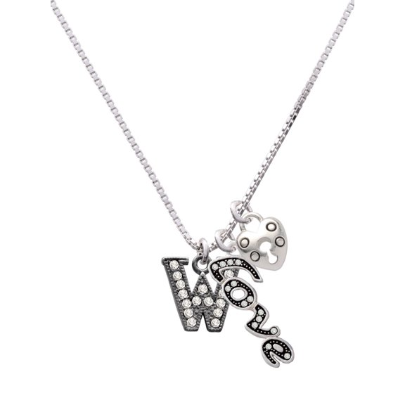Delight Jewelry Black Nickeltone Crystal Initial - W - Beaded Border - - Love and Lock Charm Necklace, 18"+1"
