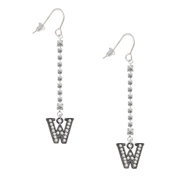 Delight Jewelry Black Nickeltone Crystal Initial - W - Beaded Border - Silver-tone Long Sparkle Dangle French Earrings