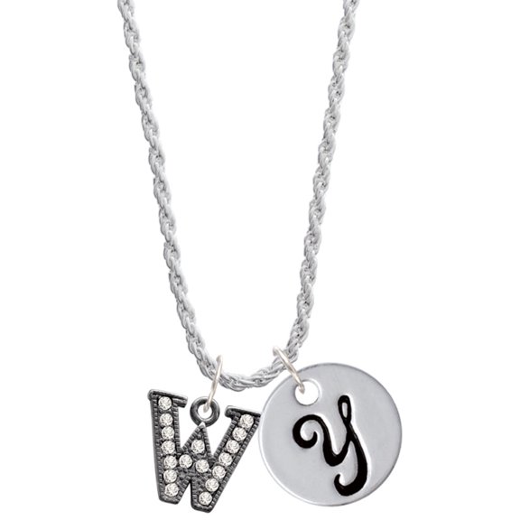 Delight Jewelry Black Nickeltone Crystal Initial - W - Beaded Border - Silvertone Script Initial Disc - Y - Charm Necklace, 20"+3"
