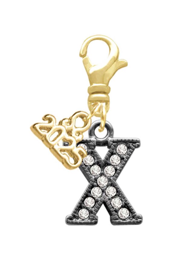Black Nickeltone Crystal Initial - X - Beaded Border - Gold-tone Clip on Charm with Mini Year 2025