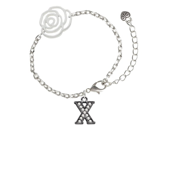 Delight Jewelry Black Nickeltone Crystal Initial - X - Beaded Border - Silver-tone Flower Link Chain Bracelet, 6.75"+2" Extender