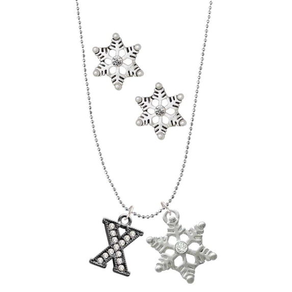 Delight Jewelry Black Nickeltone Crystal Initial - X - Beaded Border - Silver tone Snowflake Charm Necklace and Stud Earrings