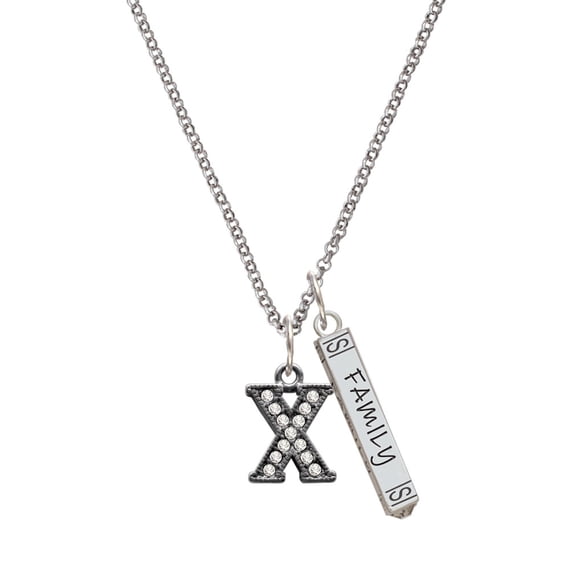 Delight Jewelry Black Nickeltone Crystal Initial - X - Beaded Border - Silvertone Family Bar Charm Necklace, 23"