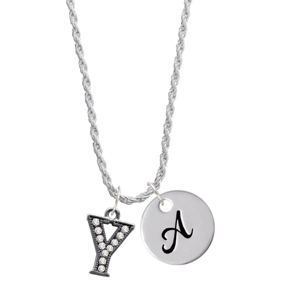 Delight Jewelry Black Nickeltone Crystal Initial - Y - Beaded Border - Silvertone Script Initial Disc - A - Charm Necklace, 20"+3"