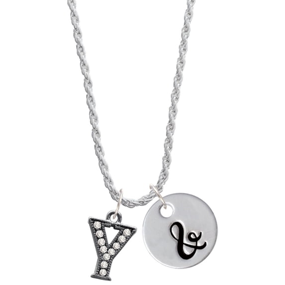 Delight Jewelry Black Nickeltone Crystal Initial - Y - Beaded Border - Silvertone Script Initial Disc - & - Charm Necklace, 20"+3"