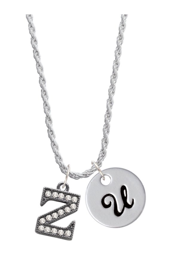 Black Nickeltone Crystal Initial - Z - Beaded Border - Silvertone Script Initial Disc - U - Charm Necklace, 20"+3"