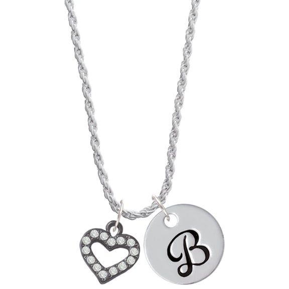 Delight Jewelry Black Nickeltone Crystal Open Heart Silvertone Script Initial Disc - B - Charm Necklace, 20"+3"