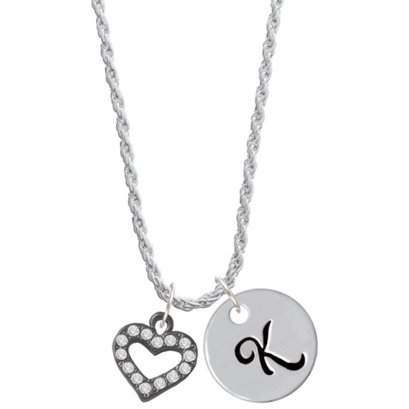 Delight Jewelry Black Nickeltone Crystal Open Heart Silvertone Script Initial Disc - K - Charm Necklace, 20"+3"
