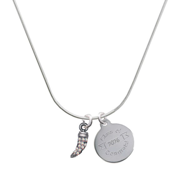 Delight Jewelry Black Nickeltone Small AB Crystal Lucky Tiger Tooth - Silvertone Engraved Congrats Class of 2026 Charm Necklace, 18"