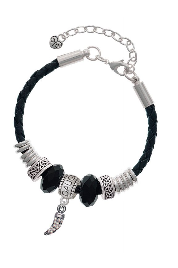 Black Nickeltone Small AB Crystal Sabre Tooth Daughter Celtic Knot Leather Bead Bracelet, 7"+2" Extender