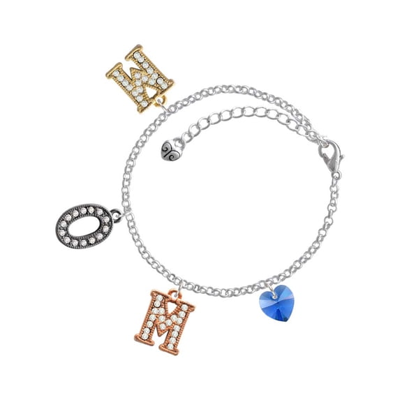 Delight Jewelry Blue Crystal Heart Multi-Colored Crystal Mom Charm Bracelet