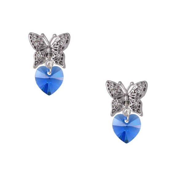 Delight Jewelry Blue Crystal Heart Silvertone Antiqued Butterfly Post Earrings