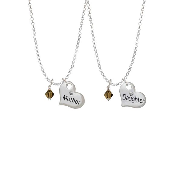 Delight Jewelry Brown Crystal Bicone Mother & Daughter Heart Necklaces (Set of 2), 19"+2"