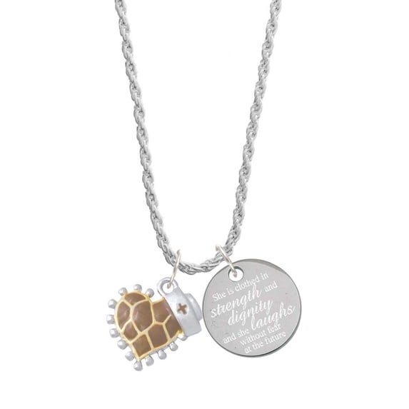 Delight Jewelry Brown Giraffe Print Heart with Nurse Hat She is Clothed in Stength and Dignity Charm Necklace, 20"+3"