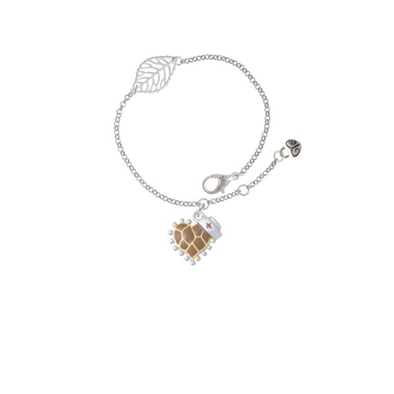 Delight Jewelry Brown Giraffe Print Heart with Nurse Hat - Silvertone Leaf Delicate Bracelet, 6.25+1.75"