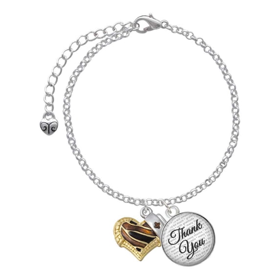 Delight Jewelry Brown Tiger Print Heart with Nurse Hat - Domed Thank You Charm Bracelet, 6"+2"