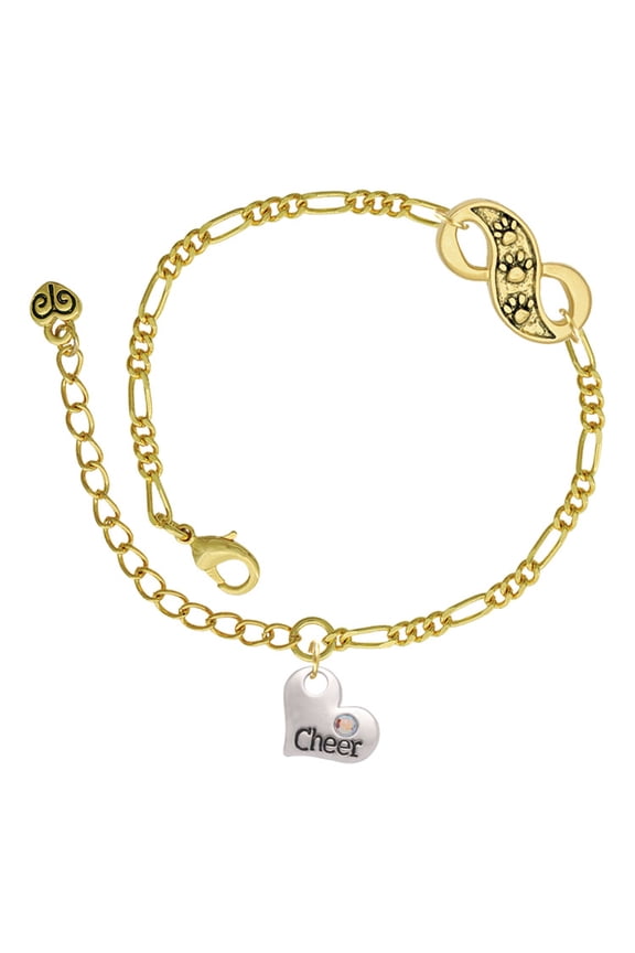 Cheer Heart with AB Crystal Gold-tone Paw Infinity Link Chain Bracelet, 6"+2" Extender