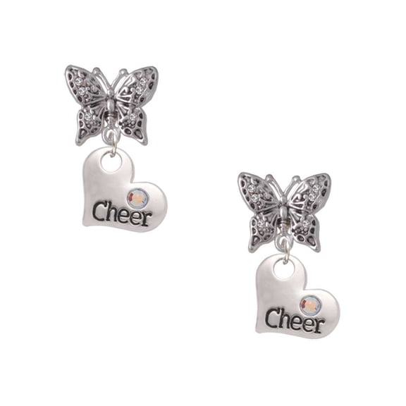 Delight Jewelry Cheer Heart with AB Crystal Silvertone Antiqued Butterfly Post Earrings