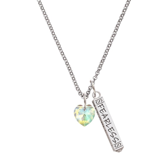 Delight Jewelry Clear AB Crystal Heart Silvertone Fearless Bar Charm Necklace, 23"