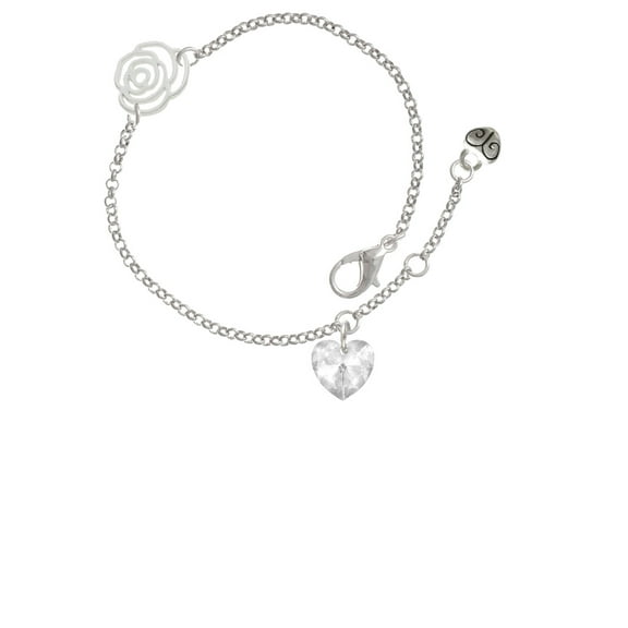 Delight Jewelry Clear Crystal Heart Silver-tone Rose Link Chain Bracelet, 6.25"+1.75" Extender