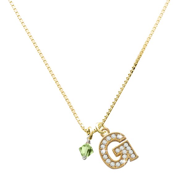 Delight Jewelry Crystal August - Lime Green Bicone - Large Goldtone Crystal Initial - G - Charm Necklace, 17.5"+2"