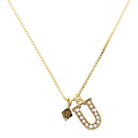 Delight Jewelry Crystal Brown Bicone - Large Goldtone Crystal Initial - U - Charm Necklace, 17.5"+2"