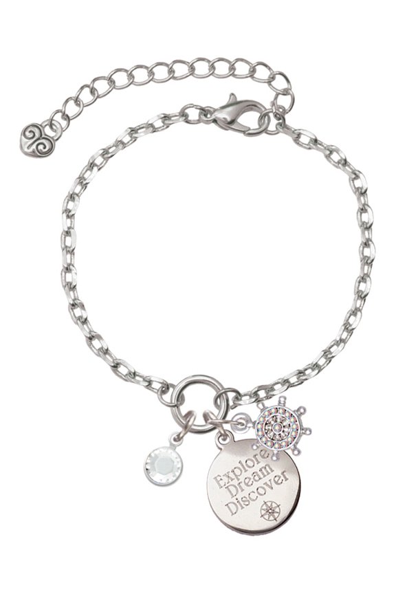 Crystal Clear Channel Drop Silvertone Discover Dream Explore Zoey Charm Bracelet, 6.5+2" Extender