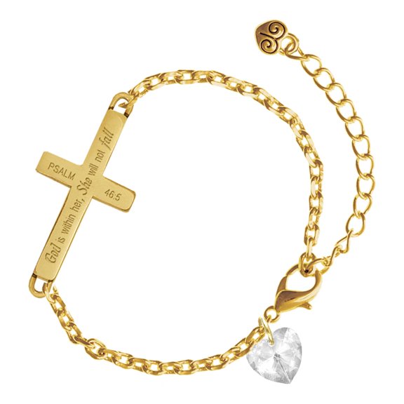 Delight Jewelry Crystal Clear Heart - Gold Tone Psalm 46:5 She will not fall Engraved Cross Charm Bracelet, 6.5+1.5" Extender