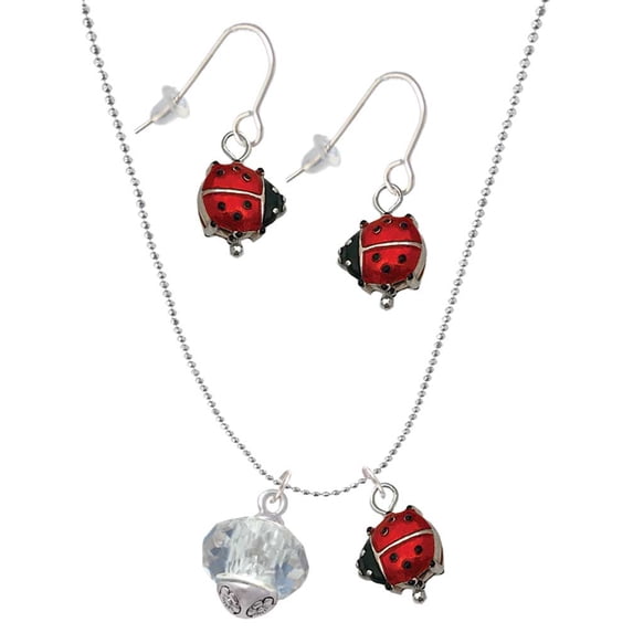Delight Jewelry Crystal Faceted Glass Spinner Red Lucky Ladybug Necklace and Dangle Earrings Set