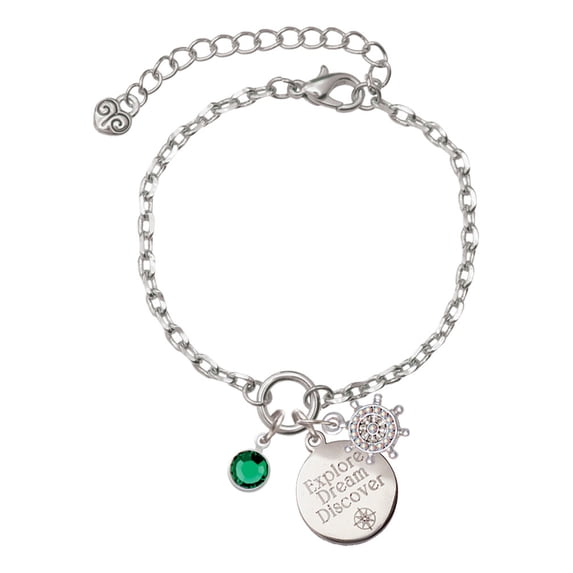 Delight Jewelry Crystal Green Channel Drop Silvertone Discover Dream Explore Zoey Charm Bracelet, 6.5+2" Extender