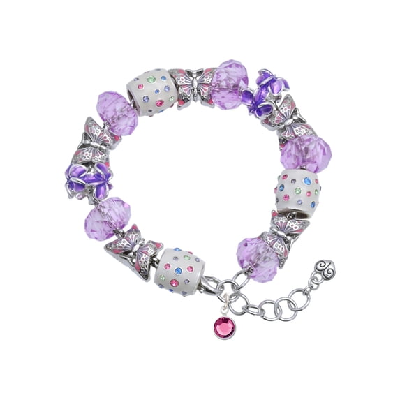 Delight Jewelry Crystal Hot Pink Channel Drop Purple Butterfly Bead Charm Bracelet, 7"+1" Extender