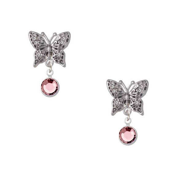 Delight Jewelry Crystal Light Pink Channel Drop Silvertone Antiqued Butterfly Post Earrings