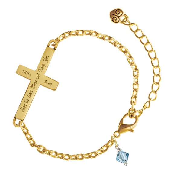 Delight Jewelry Crystal March - Hot Blue Bicone - Gold Tone Numbers 6:24 May the Lord Bless You Engraved Cross Charm Bracelet, 6.5+1.5" Extender